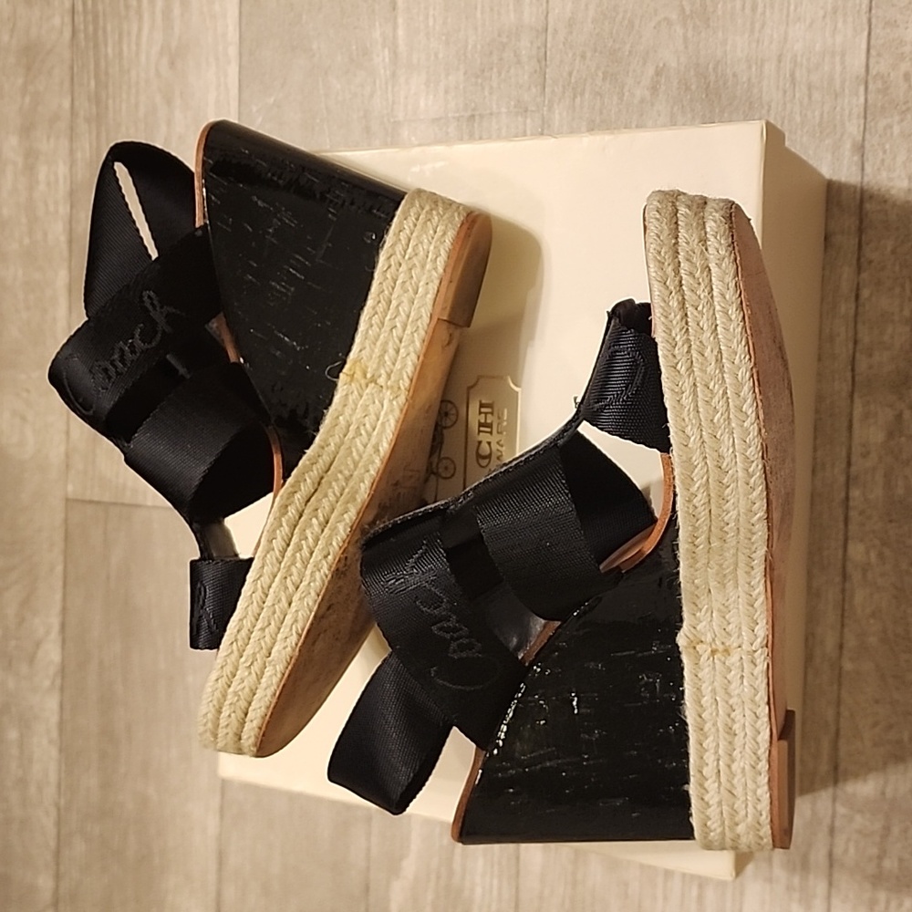 Coach Black Wedge Sandals with Tan Accents - Picture 5 of 10